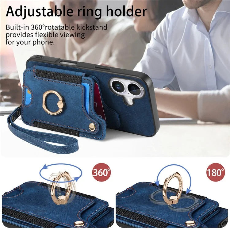 For iPhone 16 Plus Case RFID Blocking Handbag Leather+TPU Phone Cover Card Slots, Ring Holder