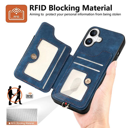 For iPhone 16 Plus Case RFID Blocking Handbag Leather+TPU Phone Cover Card Slots, Ring Holder