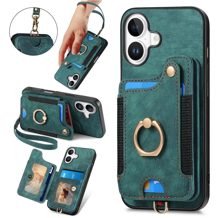 For iPhone 16 Plus Case RFID Blocking Handbag Leather+TPU Phone Cover Card Slots, Ring Holder