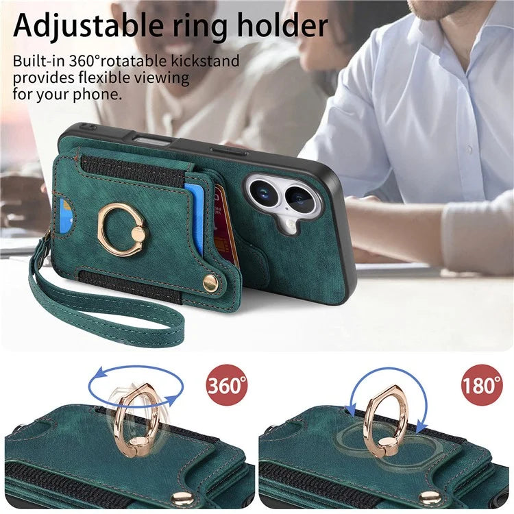 For iPhone 16 Plus Case RFID Blocking Handbag Leather+TPU Phone Cover Card Slots, Ring Holder