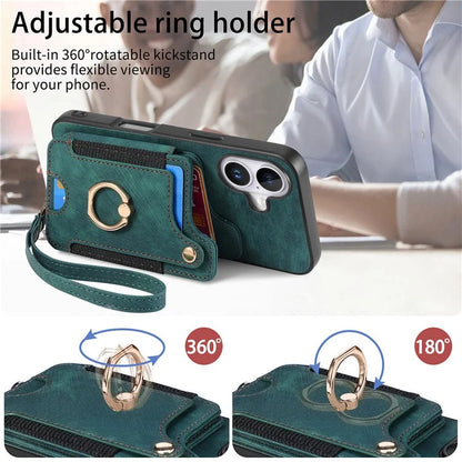 For iPhone 16 Plus Case RFID Blocking Handbag Leather+TPU Phone Cover Card Slots, Ring Holder