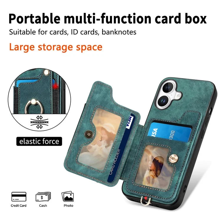 For iPhone 16 Plus Case RFID Blocking Handbag Leather+TPU Phone Cover Card Slots, Ring Holder