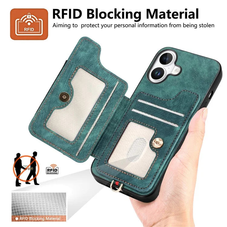 For iPhone 16 Plus Case RFID Blocking Handbag Leather+TPU Phone Cover Card Slots, Ring Holder