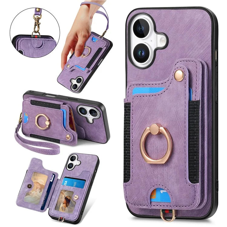 For iPhone 16 Plus Case RFID Blocking Handbag Leather+TPU Phone Cover Card Slots, Ring Holder