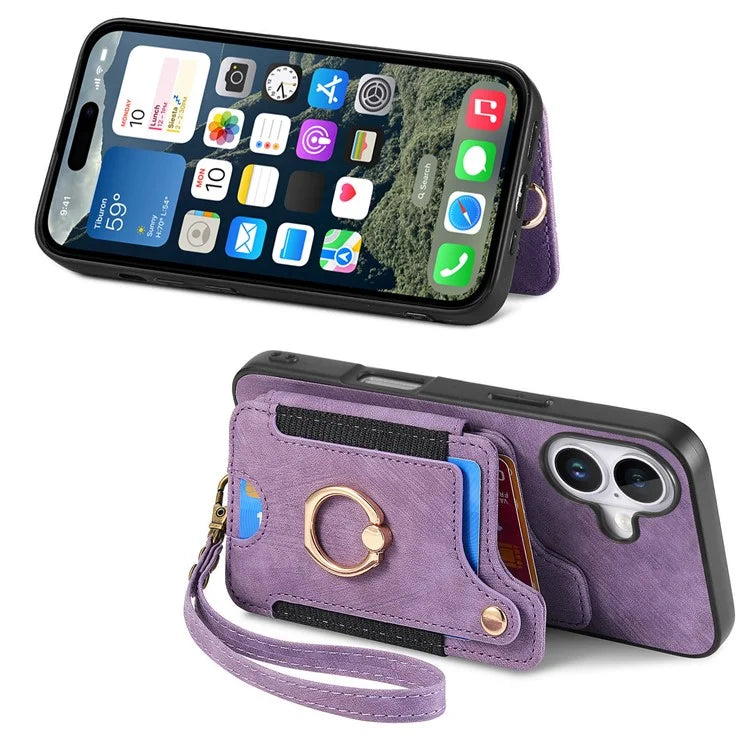 For iPhone 16 Plus Case RFID Blocking Handbag Leather+TPU Phone Cover Card Slots, Ring Holder