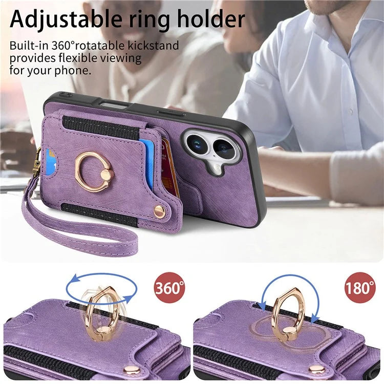 For iPhone 16 Plus Case RFID Blocking Handbag Leather+TPU Phone Cover Card Slots, Ring Holder