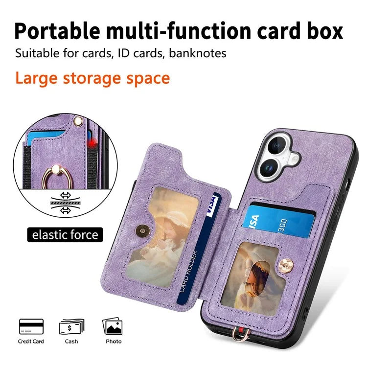 For iPhone 16 Plus Case RFID Blocking Handbag Leather+TPU Phone Cover Card Slots, Ring Holder
