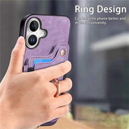 For iPhone 16 Plus Case RFID Blocking Handbag Leather+TPU Phone Cover Card Slots, Ring Holder