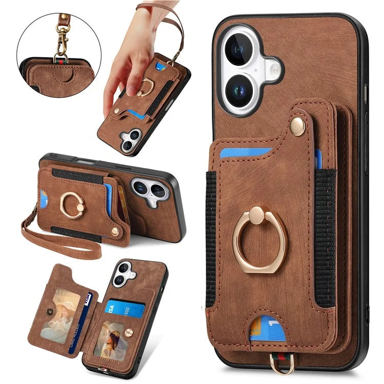 For iPhone 16 Plus Case RFID Blocking Handbag Leather+TPU Phone Cover Card Slots, Ring Holder
