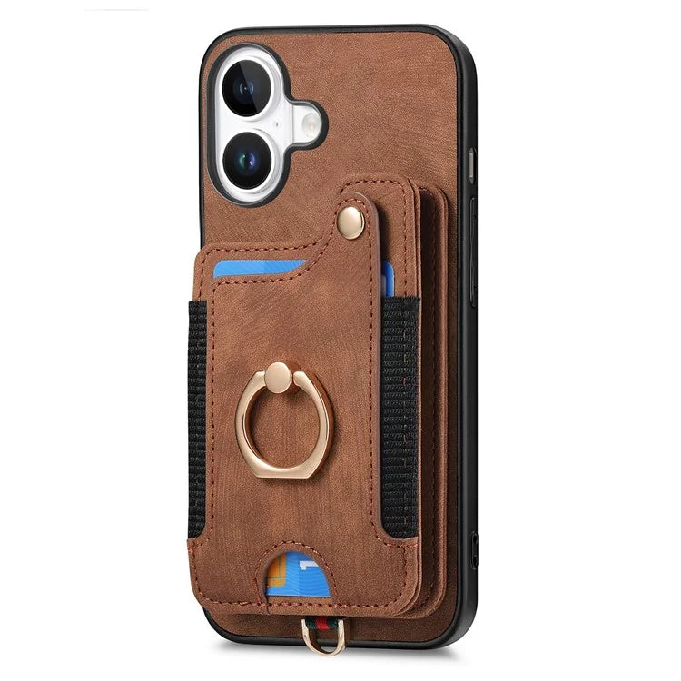 For iPhone 16 Plus Case RFID Blocking Handbag Leather+TPU Phone Cover Card Slots, Ring Holder