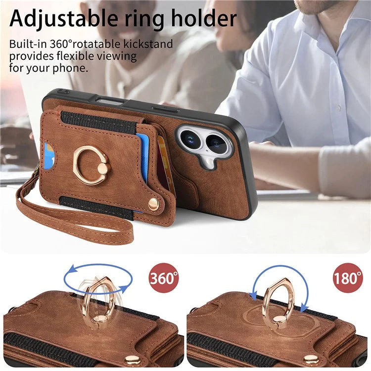 For iPhone 16 Plus Case RFID Blocking Handbag Leather+TPU Phone Cover Card Slots, Ring Holder