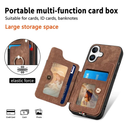 For iPhone 16 Plus Case RFID Blocking Handbag Leather+TPU Phone Cover Card Slots, Ring Holder
