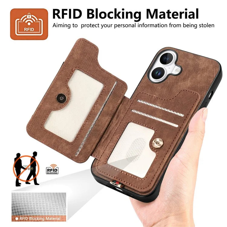 For iPhone 16 Plus Case RFID Blocking Handbag Leather+TPU Phone Cover Card Slots, Ring Holder