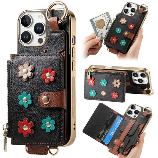 For iPhone 16 Pro Max Case Detachable Card Holder PU Leather+TPU Flower Aesthetic Phone Cover with Straps