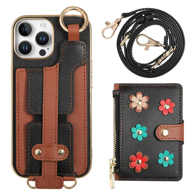 For iPhone 16 Pro Max Case Detachable Card Holder PU Leather+TPU Flower Aesthetic Phone Cover with Straps