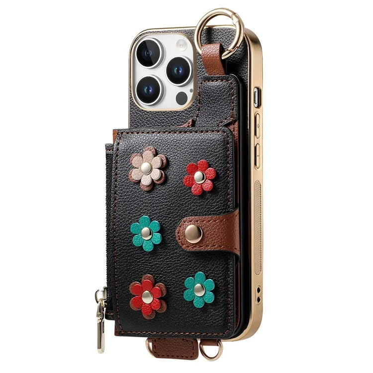 For iPhone 16 Pro Max Case Detachable Card Holder PU Leather+TPU Flower Aesthetic Phone Cover with Straps