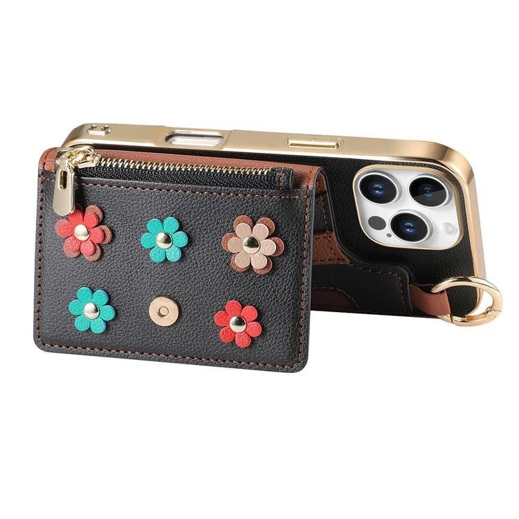 For iPhone 16 Pro Max Case Detachable Card Holder PU Leather+TPU Flower Aesthetic Phone Cover with Straps