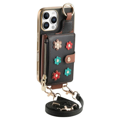 For iPhone 16 Pro Max Case Detachable Card Holder PU Leather+TPU Flower Aesthetic Phone Cover with Straps