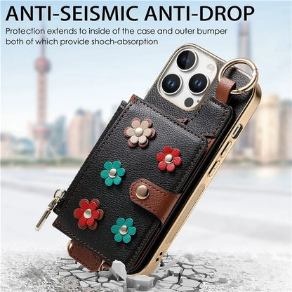 For iPhone 16 Pro Max Case Detachable Card Holder PU Leather+TPU Flower Aesthetic Phone Cover with Straps