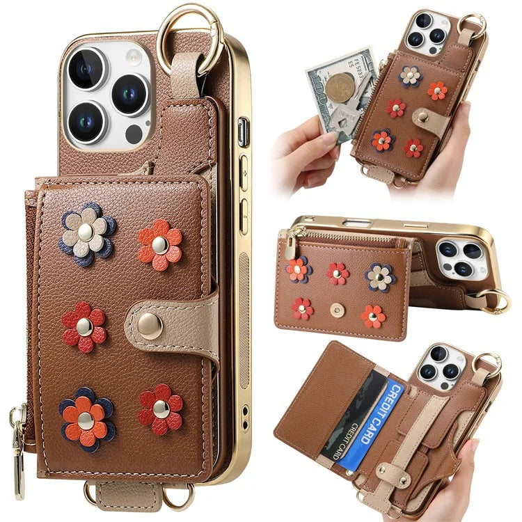 For iPhone 16 Pro Max Case Detachable Card Holder PU Leather+TPU Flower Aesthetic Phone Cover with Straps