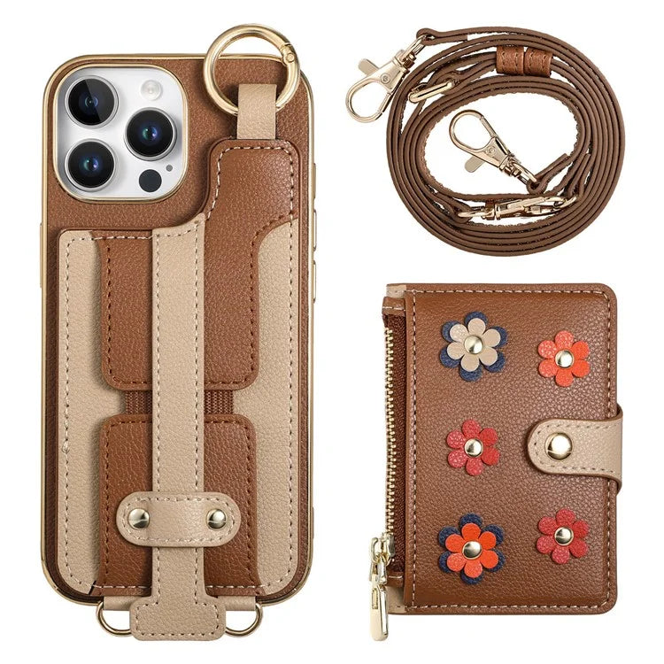 For iPhone 16 Pro Max Case Detachable Card Holder PU Leather+TPU Flower Aesthetic Phone Cover with Straps