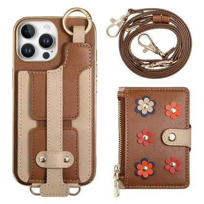 For iPhone 16 Pro Max Case Detachable Card Holder PU Leather+TPU Flower Aesthetic Phone Cover with Straps
