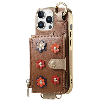 For iPhone 16 Pro Max Case Detachable Card Holder PU Leather+TPU Flower Aesthetic Phone Cover with Straps