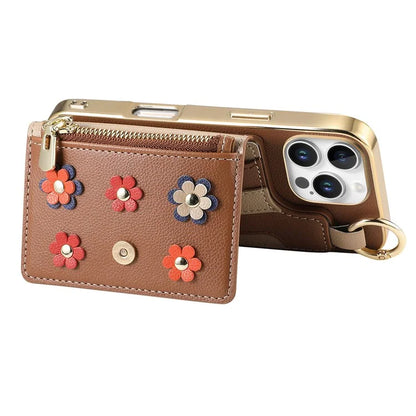 For iPhone 16 Pro Max Case Detachable Card Holder PU Leather+TPU Flower Aesthetic Phone Cover with Straps