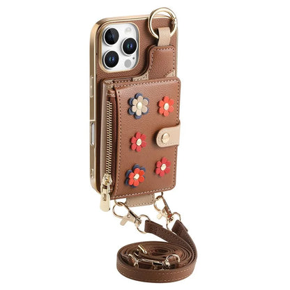 For iPhone 16 Pro Max Case Detachable Card Holder PU Leather+TPU Flower Aesthetic Phone Cover with Straps