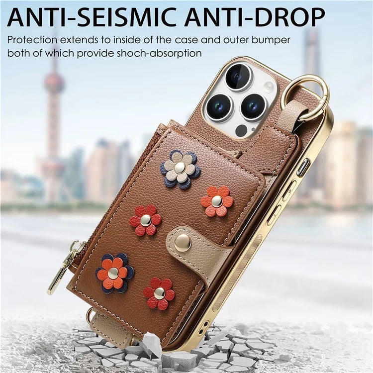 For iPhone 16 Pro Max Case Detachable Card Holder PU Leather+TPU Flower Aesthetic Phone Cover with Straps