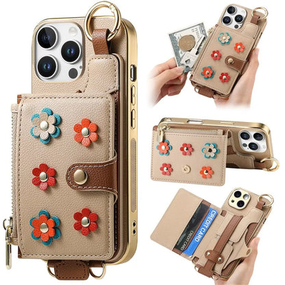 For iPhone 16 Pro Max Case Detachable Card Holder PU Leather+TPU Flower Aesthetic Phone Cover with Straps