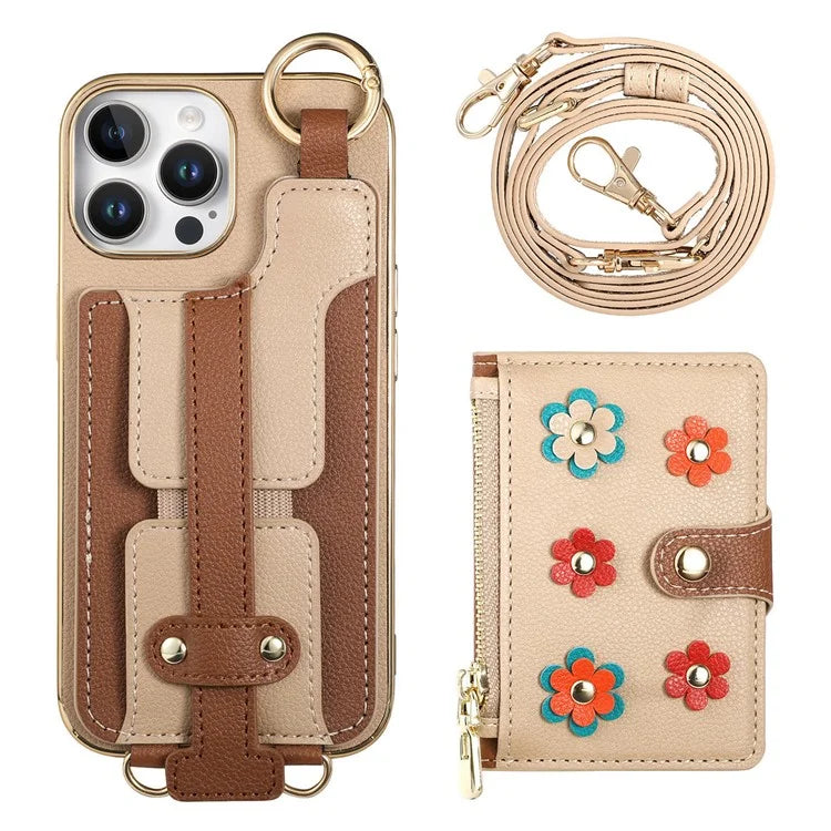 For iPhone 16 Pro Max Case Detachable Card Holder PU Leather+TPU Flower Aesthetic Phone Cover with Straps