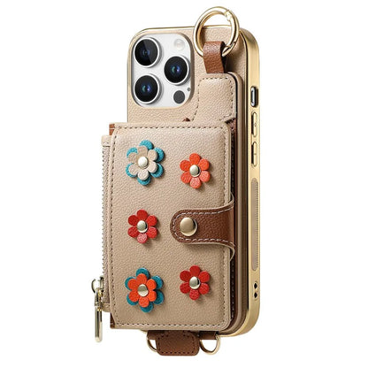 For iPhone 16 Pro Max Case Detachable Card Holder PU Leather+TPU Flower Aesthetic Phone Cover with Straps