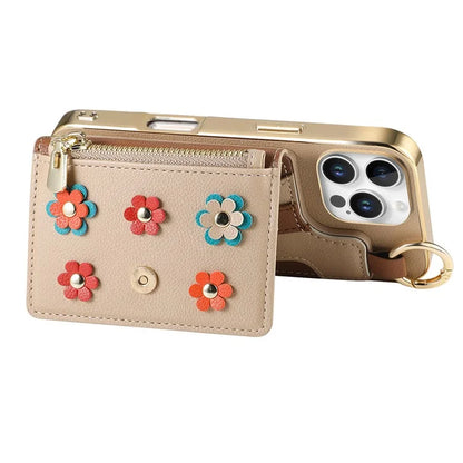 For iPhone 16 Pro Max Case Detachable Card Holder PU Leather+TPU Flower Aesthetic Phone Cover with Straps