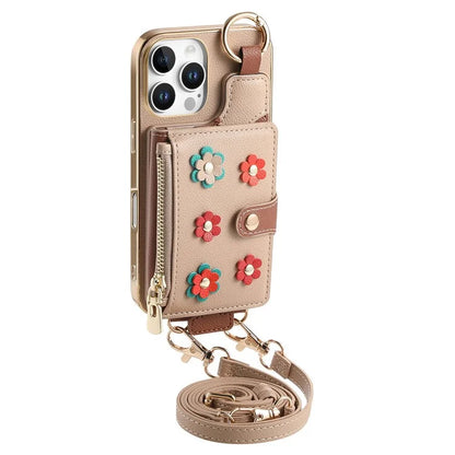 For iPhone 16 Pro Max Case Detachable Card Holder PU Leather+TPU Flower Aesthetic Phone Cover with Straps