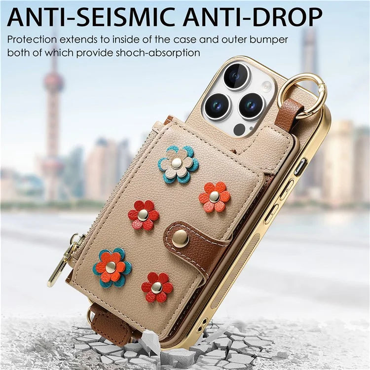 For iPhone 16 Pro Max Case Detachable Card Holder PU Leather+TPU Flower Aesthetic Phone Cover with Straps
