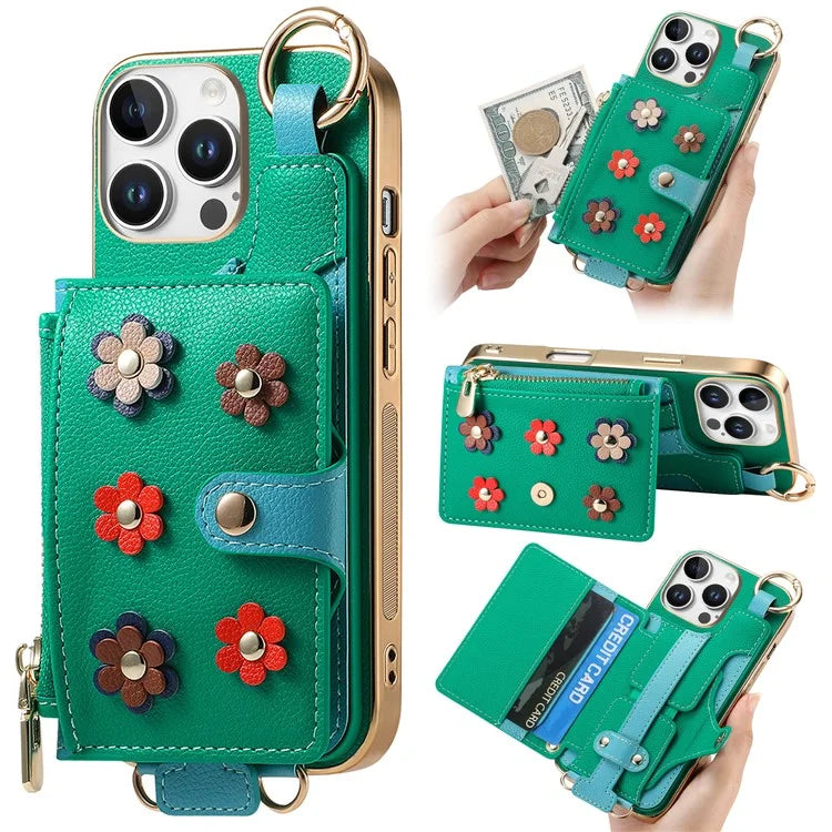 For iPhone 16 Pro Max Case Detachable Card Holder PU Leather+TPU Flower Aesthetic Phone Cover with Straps