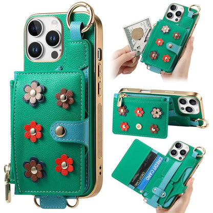 For iPhone 16 Pro Max Case Detachable Card Holder PU Leather+TPU Flower Aesthetic Phone Cover with Straps