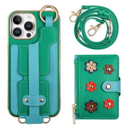 For iPhone 16 Pro Max Case Detachable Card Holder PU Leather+TPU Flower Aesthetic Phone Cover with Straps