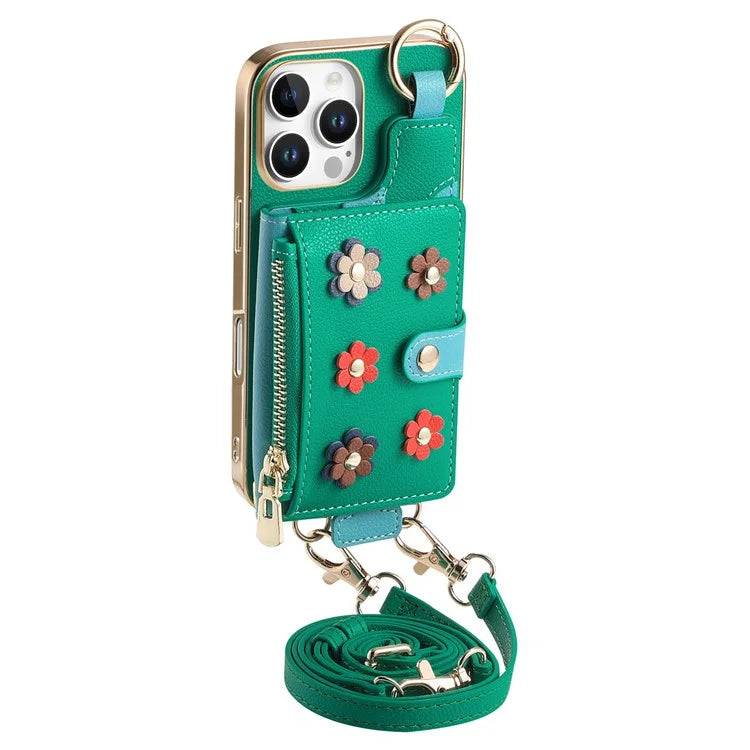 For iPhone 16 Pro Max Case Detachable Card Holder PU Leather+TPU Flower Aesthetic Phone Cover with Straps
