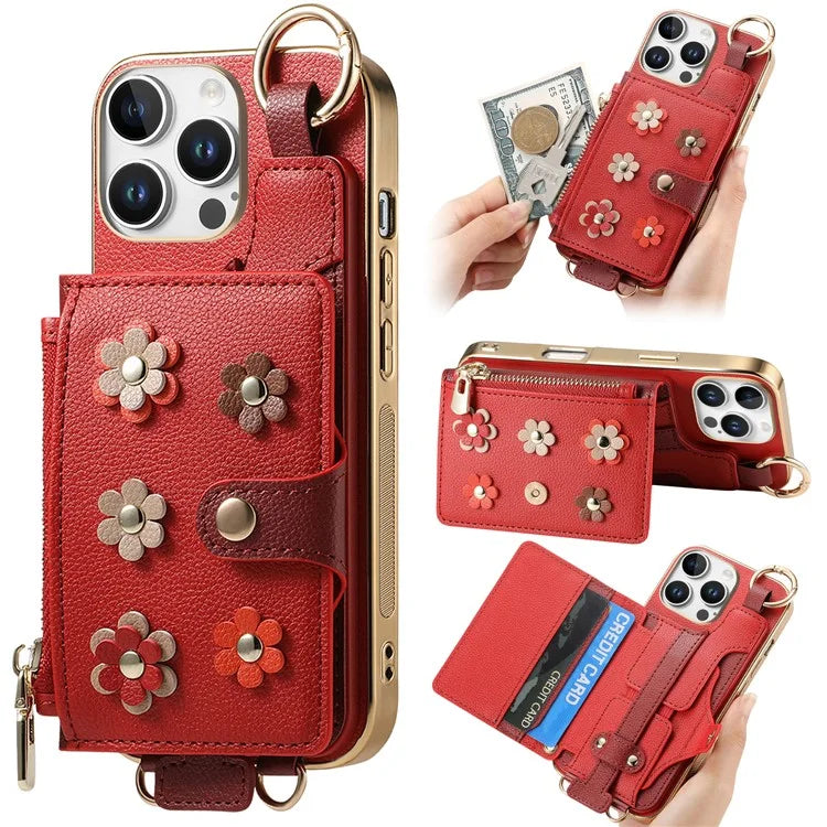 For iPhone 16 Pro Max Case Detachable Card Holder PU Leather+TPU Flower Aesthetic Phone Cover with Straps