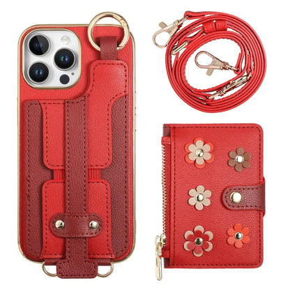 For iPhone 16 Pro Max Case Detachable Card Holder PU Leather+TPU Flower Aesthetic Phone Cover with Straps