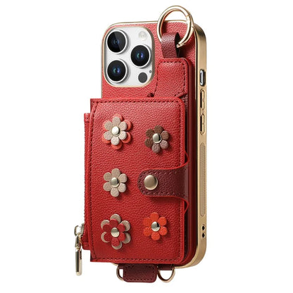 For iPhone 16 Pro Max Case Detachable Card Holder PU Leather+TPU Flower Aesthetic Phone Cover with Straps