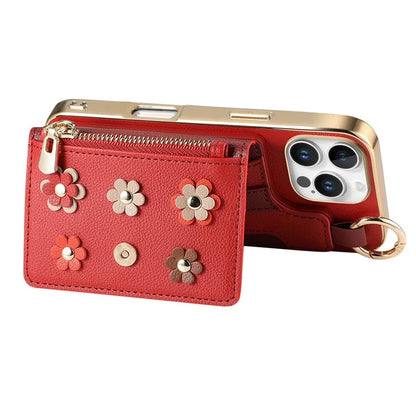 For iPhone 16 Pro Max Case Detachable Card Holder PU Leather+TPU Flower Aesthetic Phone Cover with Straps