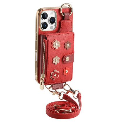 For iPhone 16 Pro Max Case Detachable Card Holder PU Leather+TPU Flower Aesthetic Phone Cover with Straps