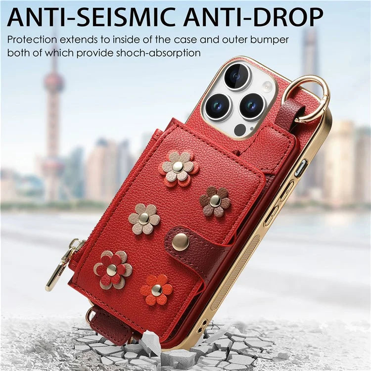 For iPhone 16 Pro Max Case Detachable Card Holder PU Leather+TPU Flower Aesthetic Phone Cover with Straps