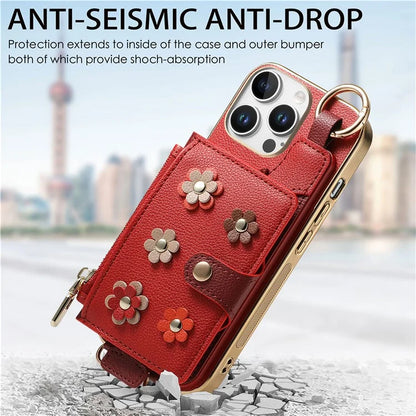 For iPhone 16 Pro Max Case Detachable Card Holder PU Leather+TPU Flower Aesthetic Phone Cover with Straps