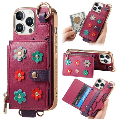 For iPhone 16 Pro Max Case Detachable Card Holder PU Leather+TPU Flower Aesthetic Phone Cover with Straps
