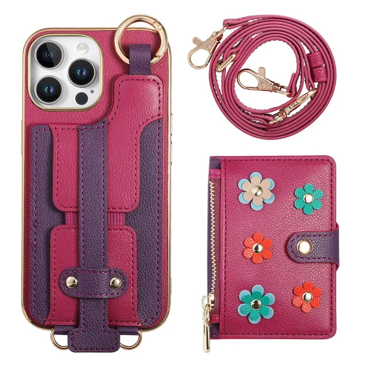 For iPhone 16 Pro Max Case Detachable Card Holder PU Leather+TPU Flower Aesthetic Phone Cover with Straps