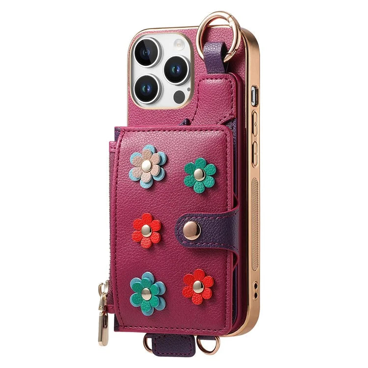 For iPhone 16 Pro Max Case Detachable Card Holder PU Leather+TPU Flower Aesthetic Phone Cover with Straps